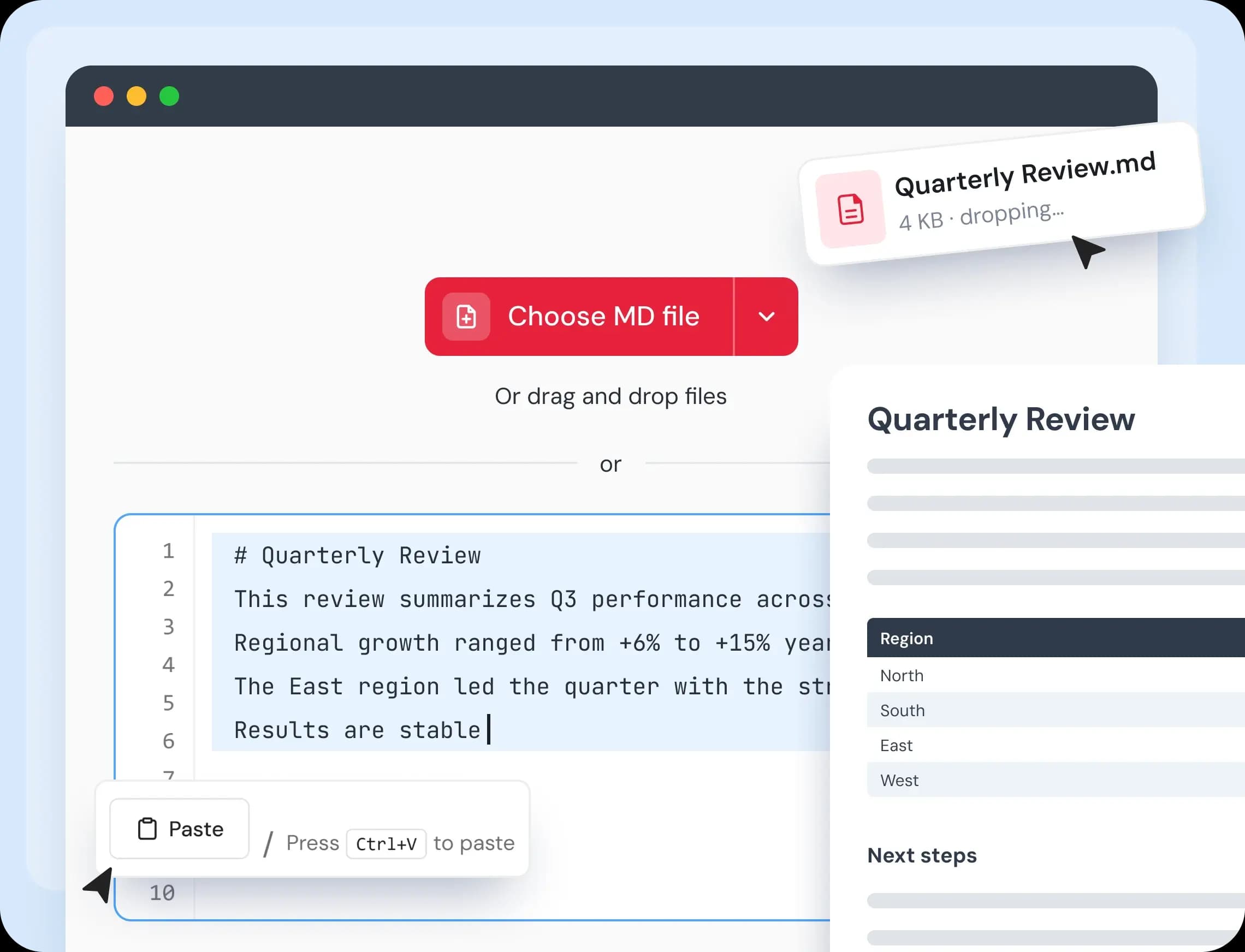 Converti MD in PDF incollando testo Markdown o caricando un file MD